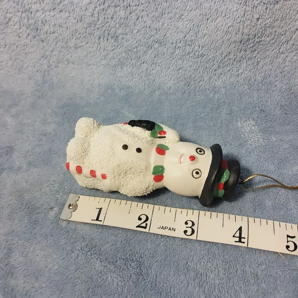 Vintage Textured Bisque Porcelain Snowman Christmas Ornament Top Hat Candy Cane